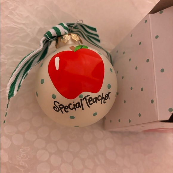 🆕 Special Teacher Glass Ornament with green striped Bow by Coton Colors - Picture 2 of 4